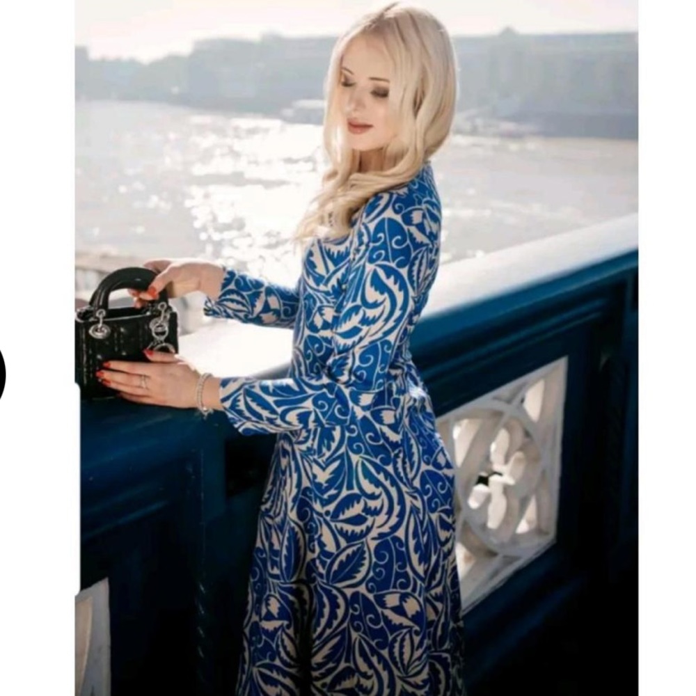 Zara Satin Blue Tan Long Sleeve Midi Dress Size XS - Picture 5 of 13